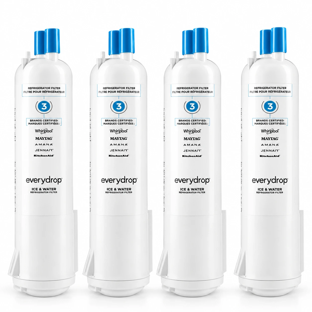 Four everydrop EDR3RXD1 Filter 3 refrigerator filters with aqua caps